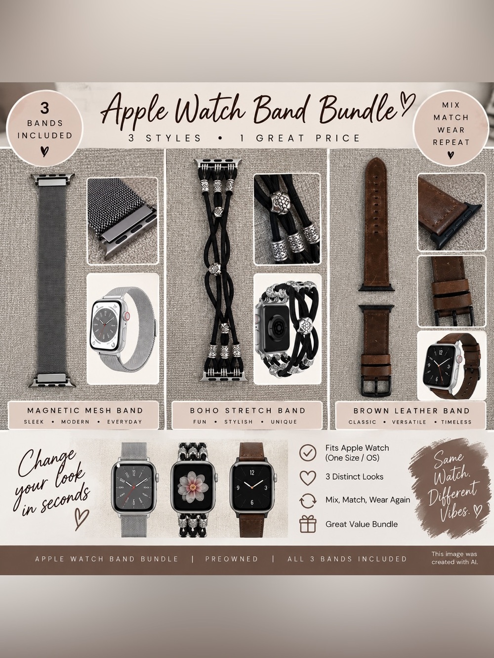 Apple Watch Band Bundle 3 Pack Magnetic Leather Boho Stretch Bands